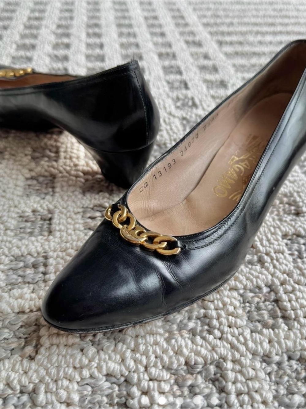 Salvatore Ferragamo Black Leather Flats with Gold Chain Accent - Picture 2 of 4